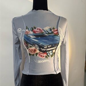Forever 21 Blue Graphic Blouse with Floral Car Design